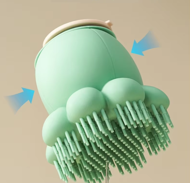 Silicone pet grooming brush with foam dispenser for easy dog & cat bath, effective shedding & massage.
