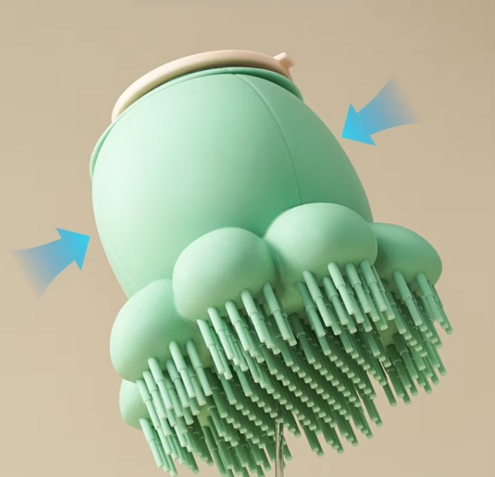 Silicone pet grooming brush with foam dispenser for easy dog & cat bath, effective shedding & massage.
