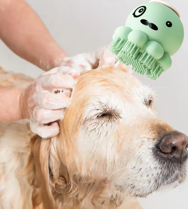 High-quality silicone pet grooming tool. Integrated foam dispenser for easy bathing, shedding & massage.