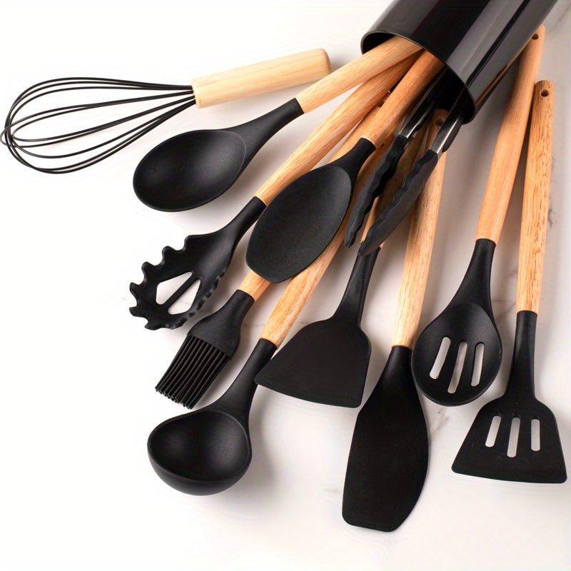 Heat-resistant silicone utensils with natural wooden handles, perfect for non-stick cooking.