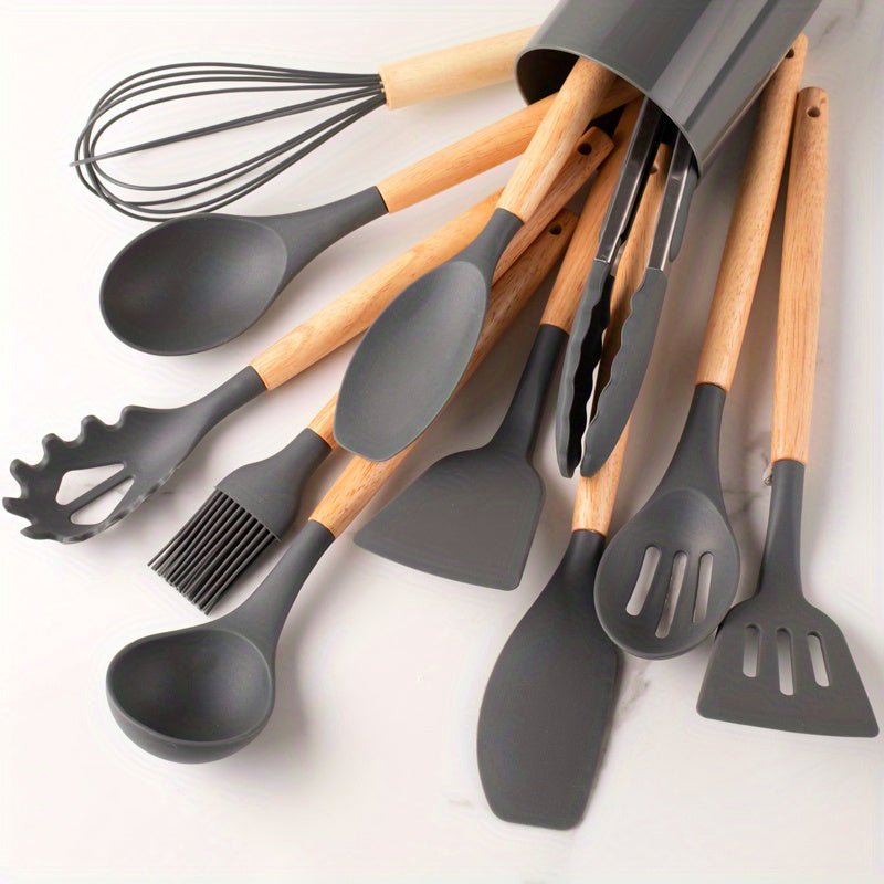 Complete BPA-free silicone kitchen utensil set. Heat resistant cooking tools safe for non-stick cookware.