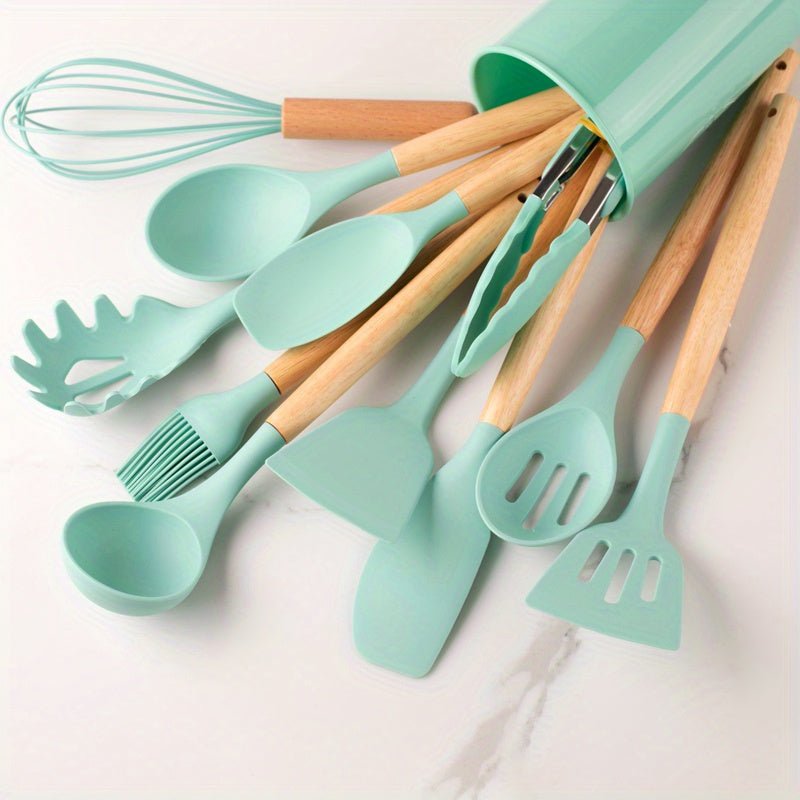 Premium silicone cooking tools set, a great kitchen gift, safe for non-stick pans with wooden handles.