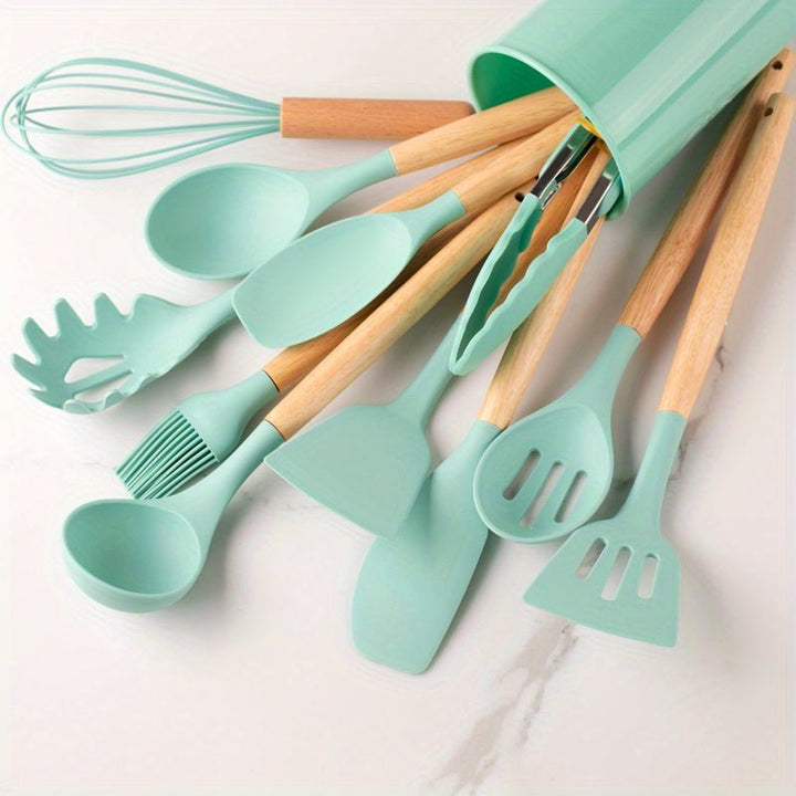 Premium silicone cooking tools set, a great kitchen gift, safe for non-stick pans with wooden handles.