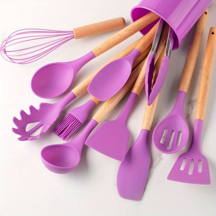 Durable silicone cooking utensil set, heat-resistant and non-stick safe, with ergonomic wooden handles.