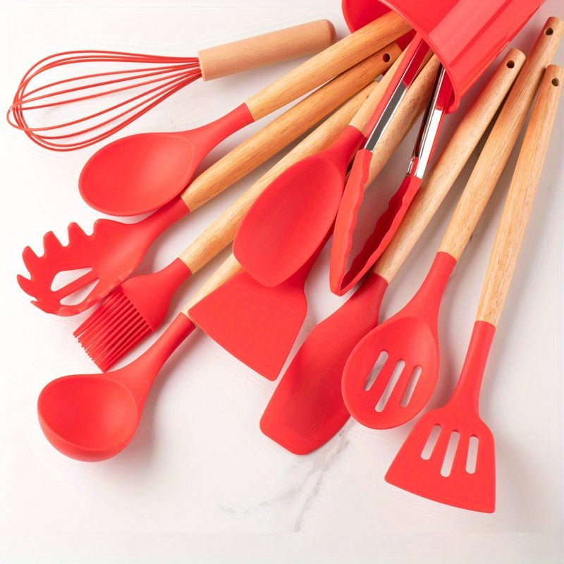 Modern kitchen essentials: BPA-free silicone utensil set, heat resistant & safe for all non-stick pans.