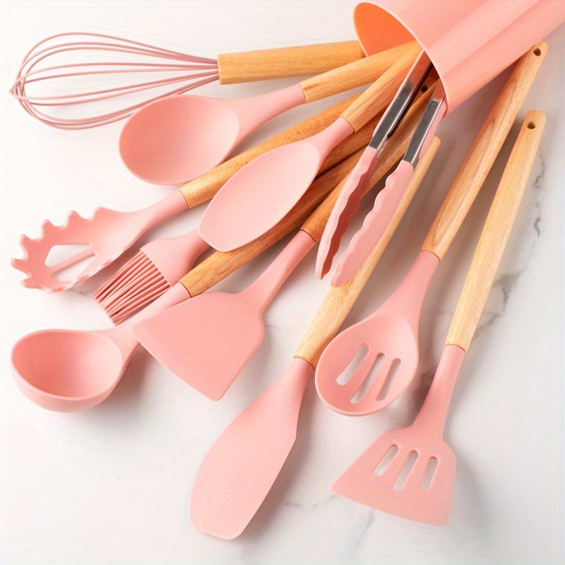 Essential silicone cooking tools, non-stick friendly & heat resistant, designed with comfortable wooden handles.
