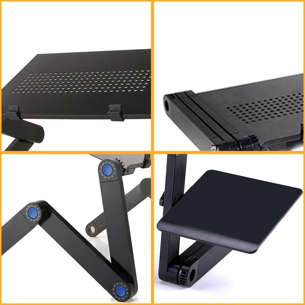 Portable black laptop stand for versatile use on desk, bed, or as a standing workstation.