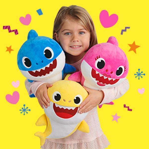 Singing Baby Shark plush toy for kids, playing the iconic song. Soft, cuddly musical stuffed animal.