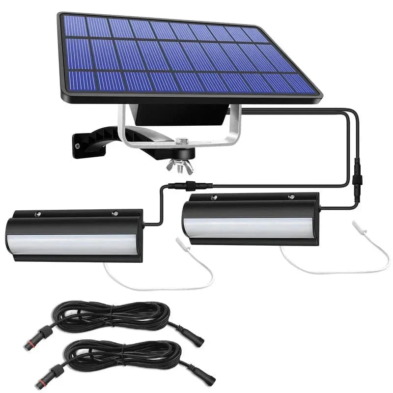 Bright dual head solar LED pendant light, ideal for illuminating large patio or deck areas. Eco-friendly.