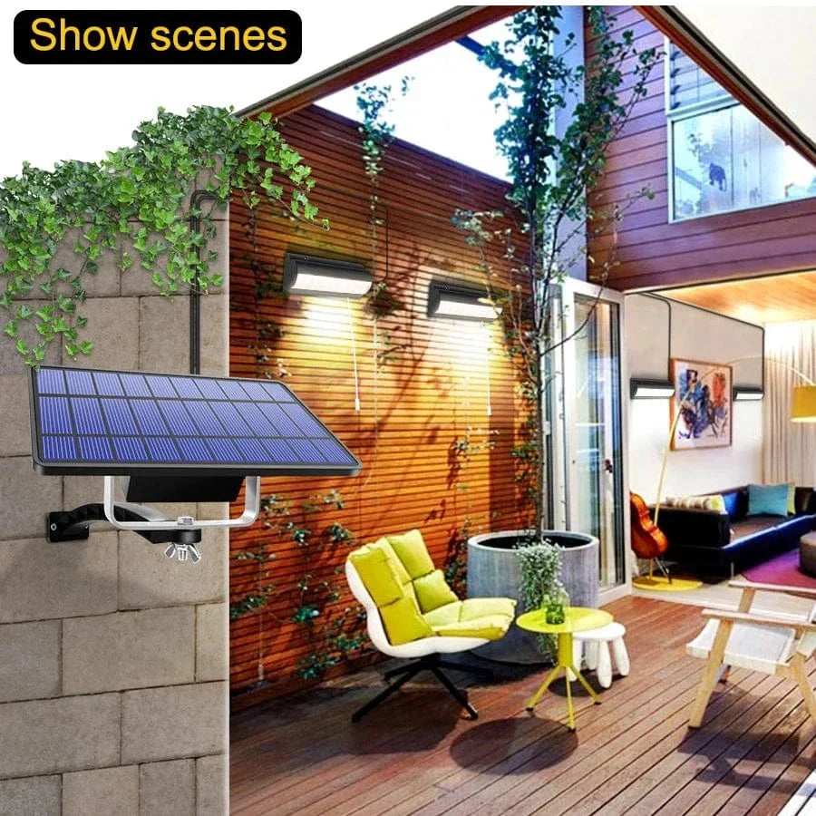 Decorative dual head solar pendant light, weather-resistant. Perfect for eco-friendly deck & garden lighting.
