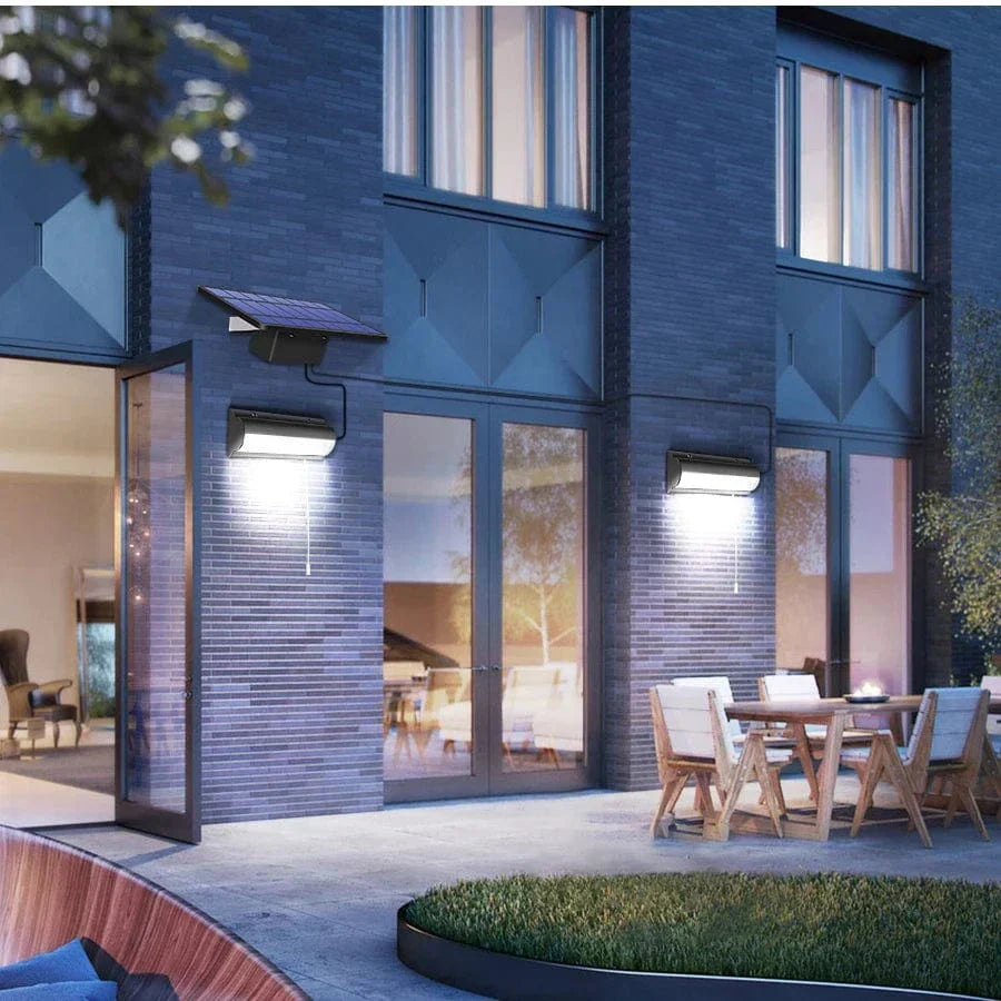 Dual head solar powered pendant light for elegant deck and patio illumination. Eco-friendly LED outdoor lighting.
