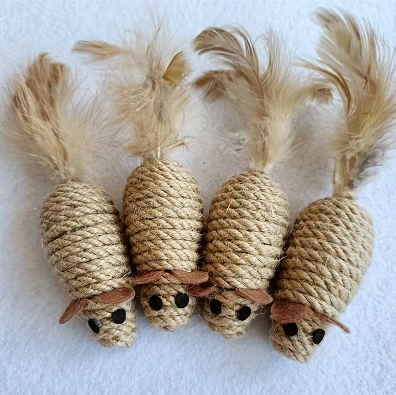 Sisal fish cat toy with colorful feathers for natural hunting fun, encouraging active play & healthy exercise.
