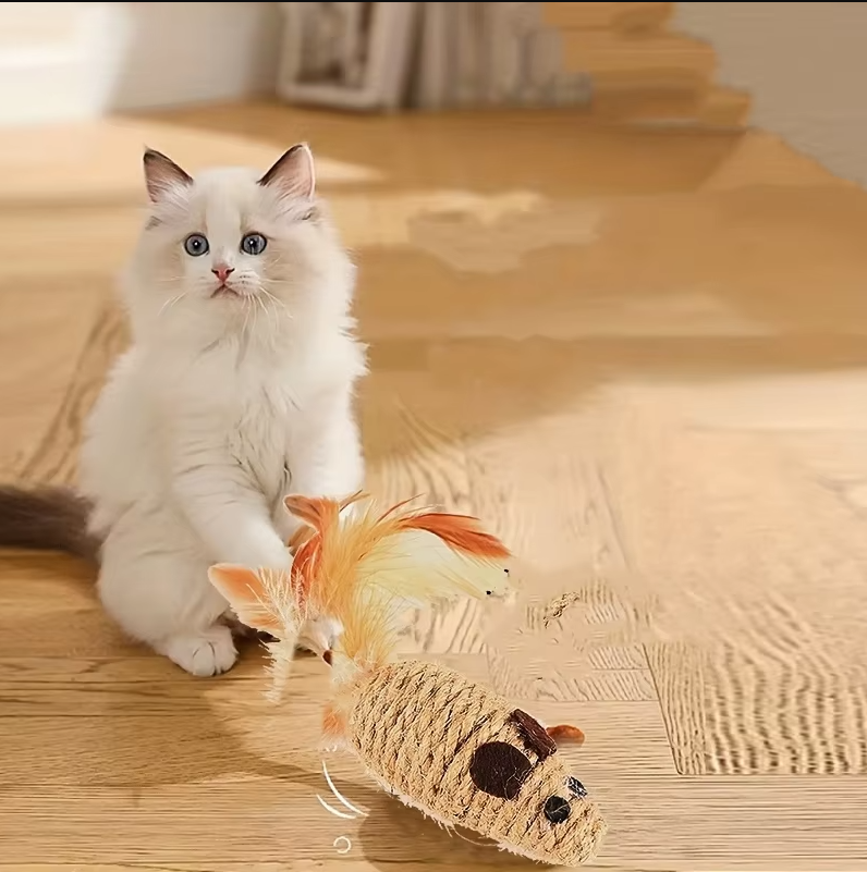 Durable sisal fish cat toy with vibrant feathers for interactive play, claw care & stimulating natural hunting instincts.