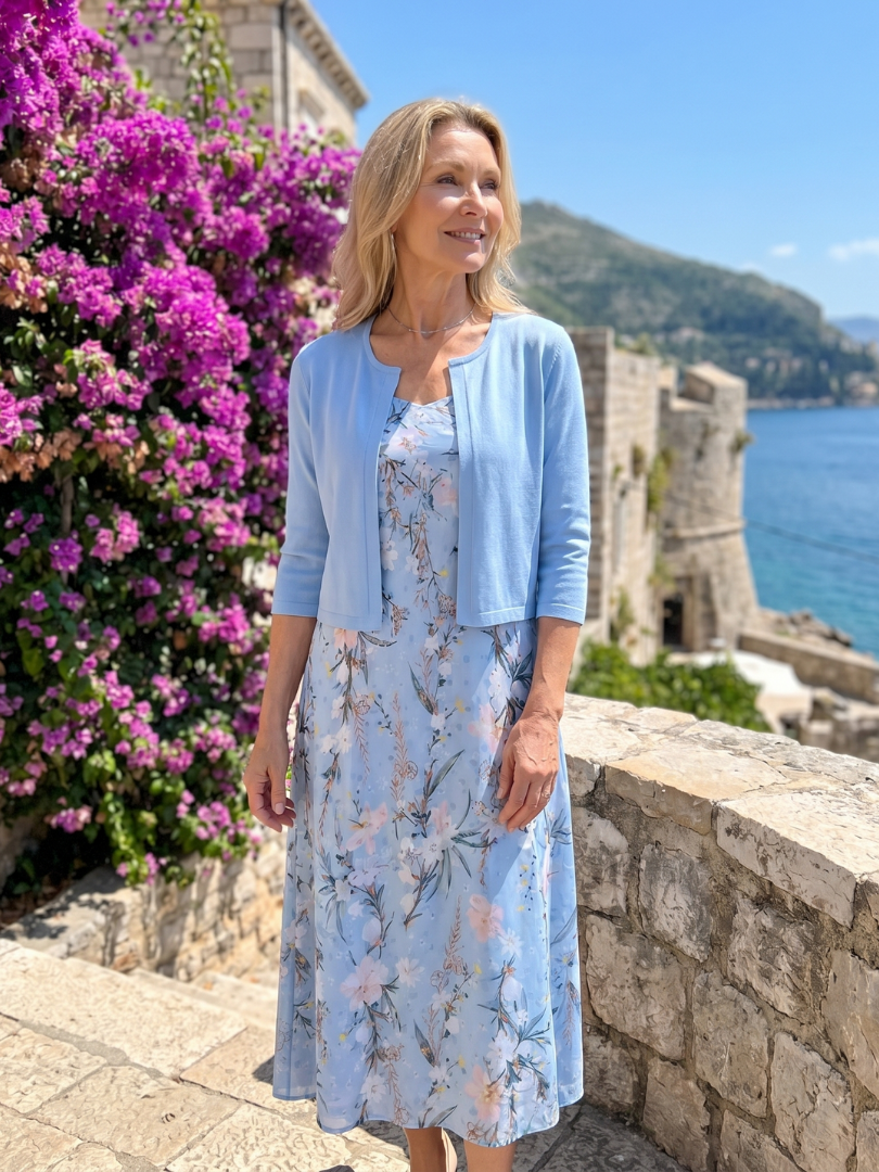 Women's elegant floral midi dress & cropped jacket combo. Sky blue set for a stylish, comfortable layered spring/summer outfit.