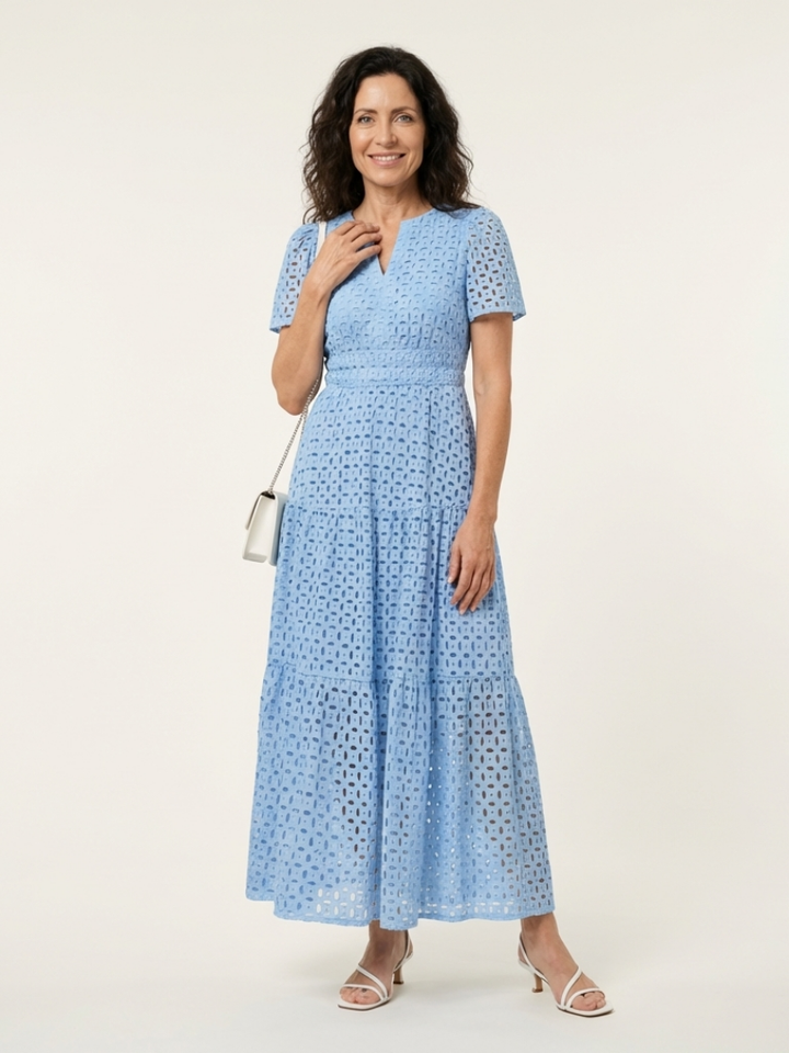 Sky blue V-neck short sleeve tiered midi dress for women, perfect for summer casual wear.