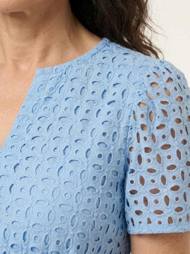 Casual sky blue V-neck tiered midi dress, short sleeve and smocked, ideal for summer vacation.