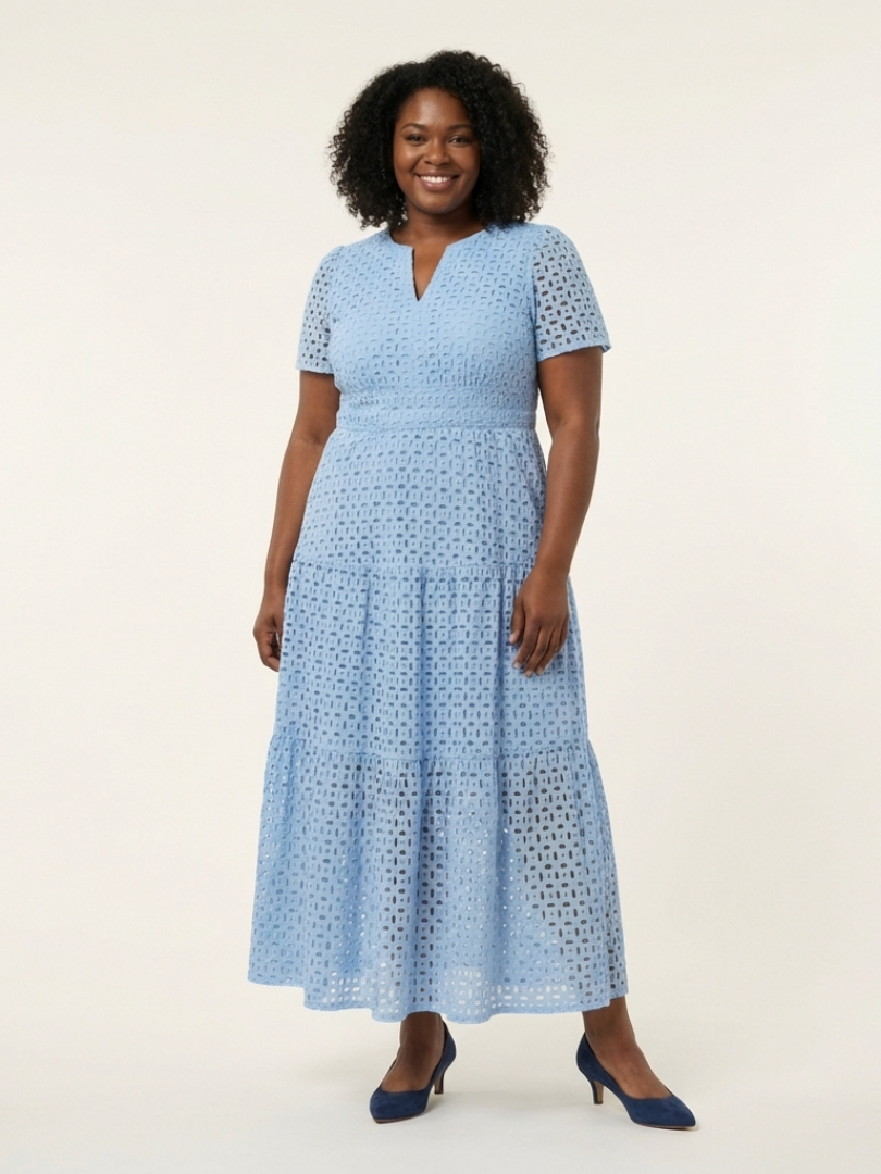 Sky blue eyelet V-neck short sleeve tiered midi dress for women, perfect casual summer style.