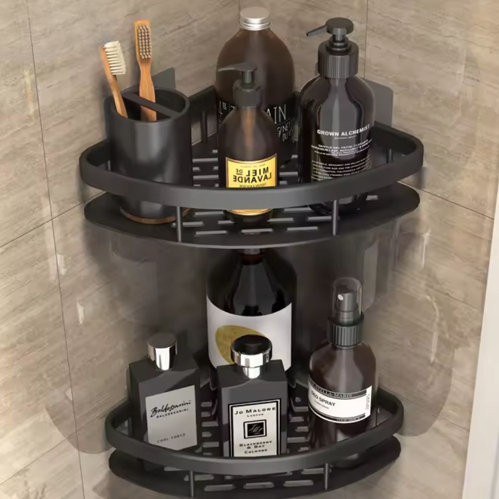 Sleek 2-tier rustproof bathroom organizer shelf in silver and black, perfect for shower storage solutions.