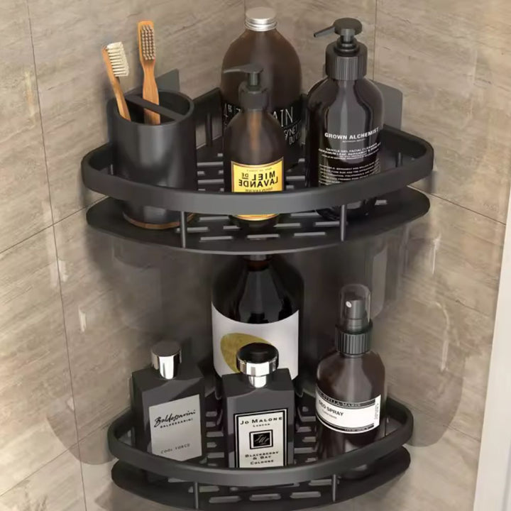Sleek 2-tier rustproof bathroom organizer shelf in silver and black, perfect for shower storage solutions.