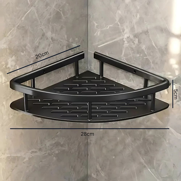 Durable rustproof shower shelf in silver/black finish, ideal for 1 or 2-tier bathroom storage.