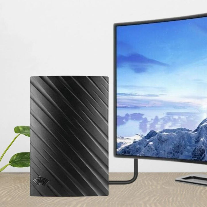 Compact 4K indoor TV antenna ensuring crisp, free HD channel reception. Perfect for modern cord-cutting setups.