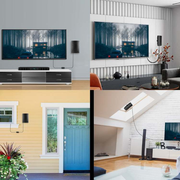 Discreet indoor TV aerial positioned by a window, receiving free HD and 4K digital channels effortlessly.