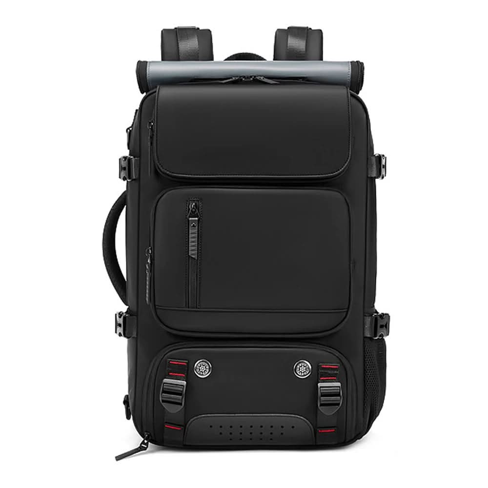 Sleek black unisex travel backpack with laptop compartment & USB port for organized trips.