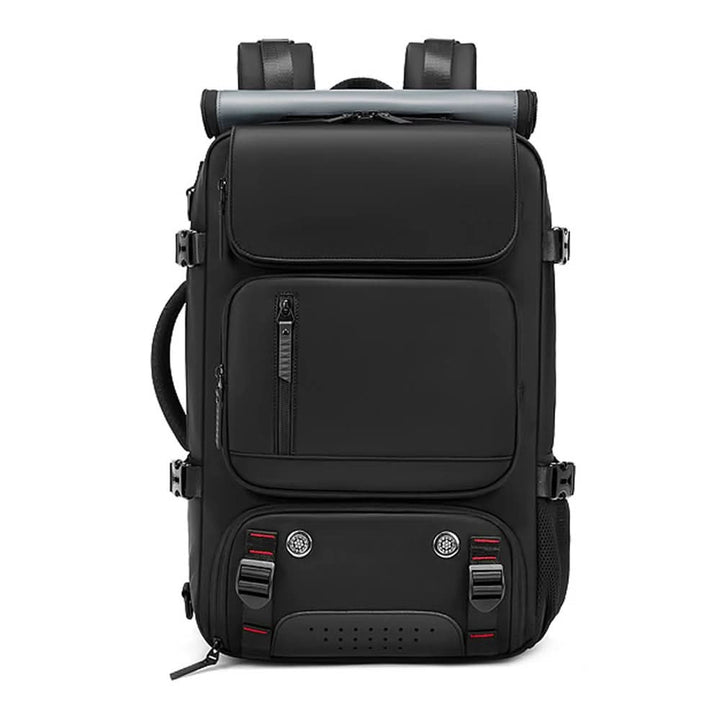Sleek black unisex travel backpack with laptop compartment & USB port for organized trips.