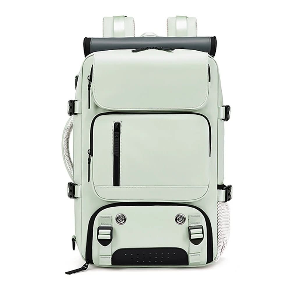USB charging port detail on a black travel laptop backpack, ensuring devices stay powered on the go.
