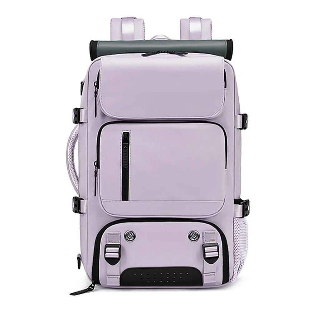 The travel backpack featuring a luggage strap for easy attachment to suitcase handles for airport convenience.