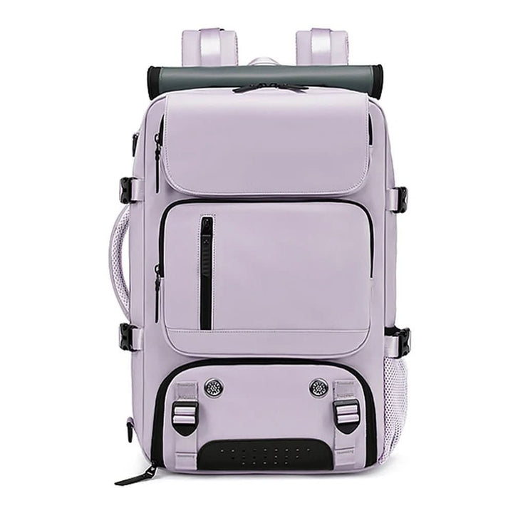 The travel backpack featuring a luggage strap for easy attachment to suitcase handles for airport convenience.