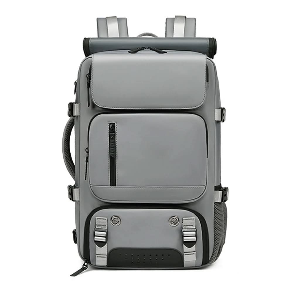Side view of the organized multi-functional travel backpack showing expandable pockets and durable zippers.