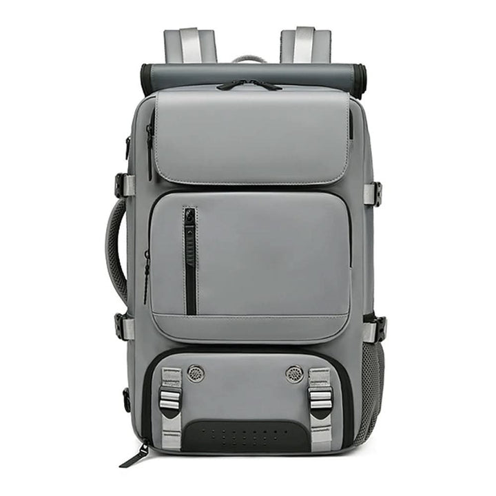 Side view of the organized multi-functional travel backpack showing expandable pockets and durable zippers.