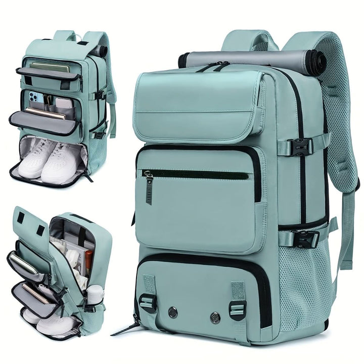 A person wearing the sleek, modern travel backpack, demonstrating its comfortable fit & unisex design.