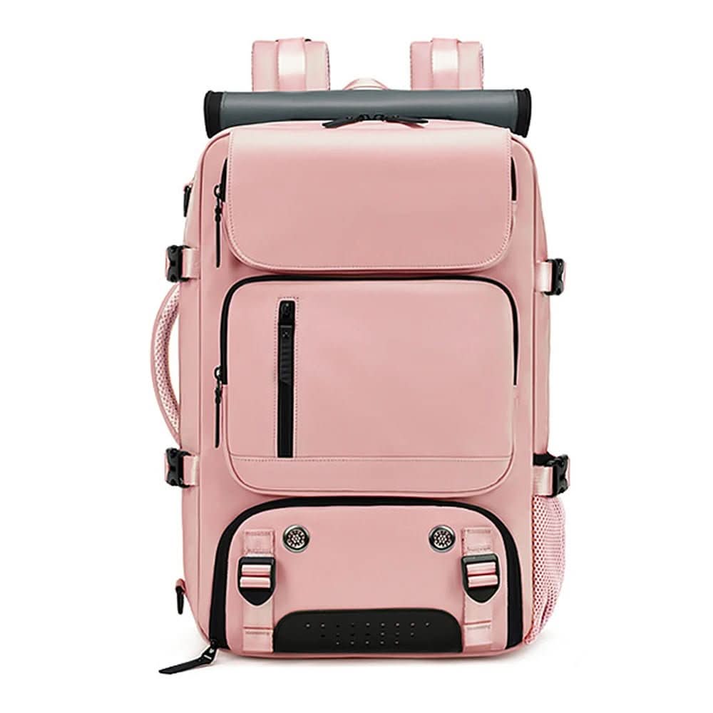 The multi-functional travel backpack open, revealing its laptop, shoe, and accessory compartments.