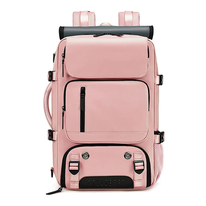 The multi-functional travel backpack open, revealing its laptop, shoe, and accessory compartments.