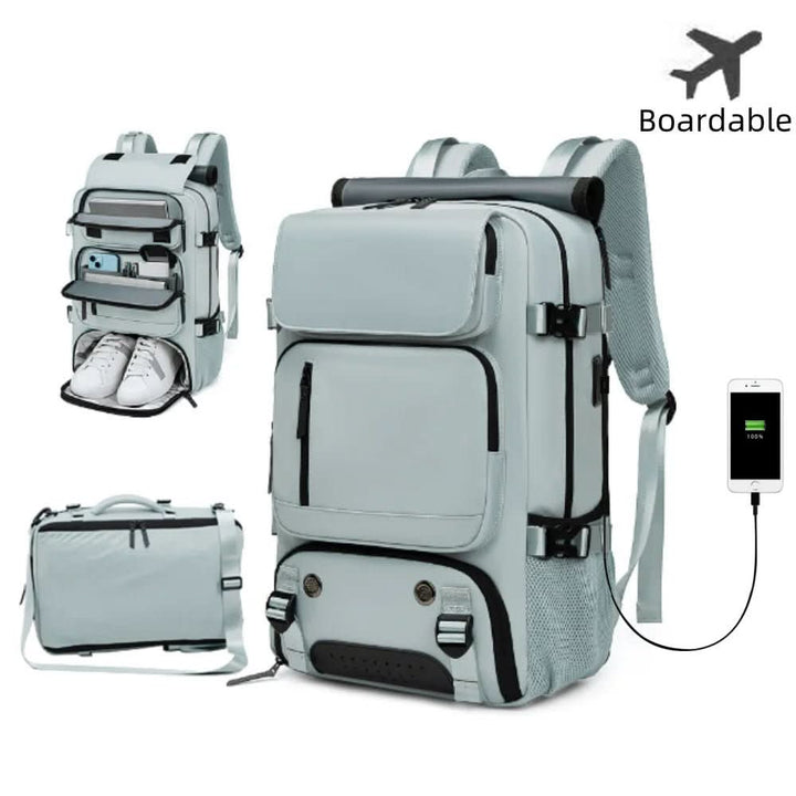 Water-resistant travel backpack for men & women, featuring a dedicated laptop sleeve & shoe compartment.