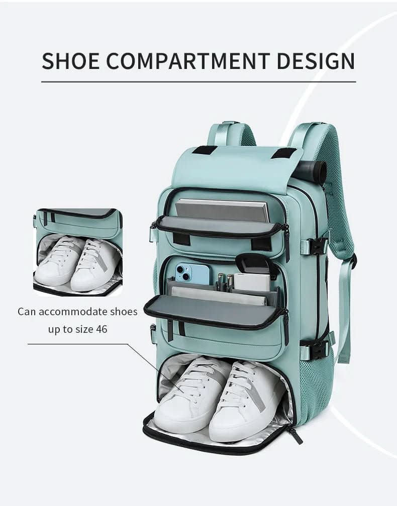 Multi-functional travel backpack with laptop compartment, separate shoe storage & anti-theft pocket.