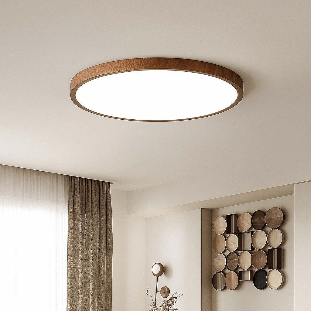 Modern LED ceiling light with a sleek ultrathin circular design and elegant walnut finish.
