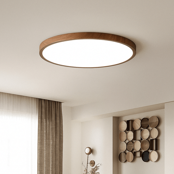 Modern LED ceiling light with a sleek ultrathin circular design and elegant walnut finish.
