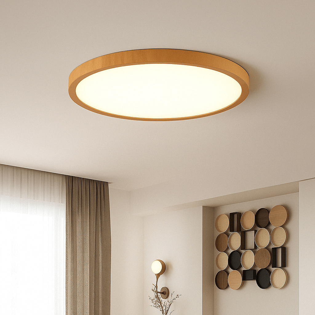 Log finish ultrathin LED circular ceiling lamp for modern, minimalist interior spaces.