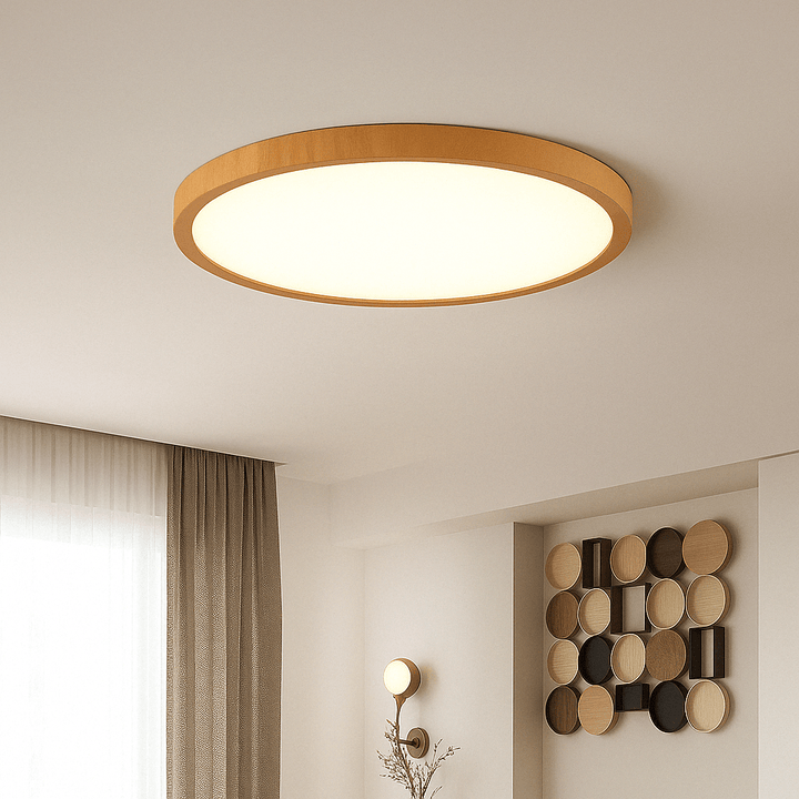 Log finish ultrathin LED circular ceiling lamp for modern, minimalist interior spaces.