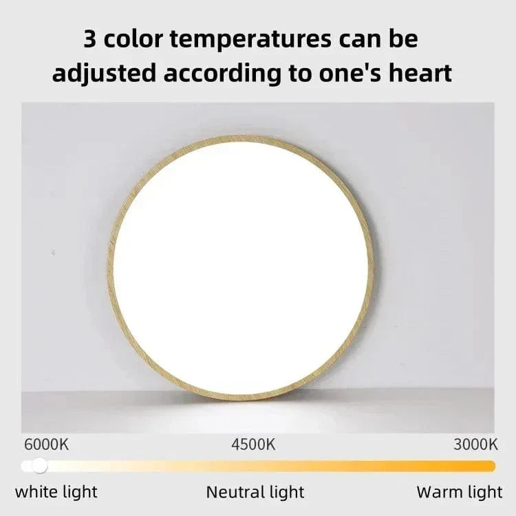 Sleek circular LED ceiling light, walnut finish, ultrathin profile, bright illumination.