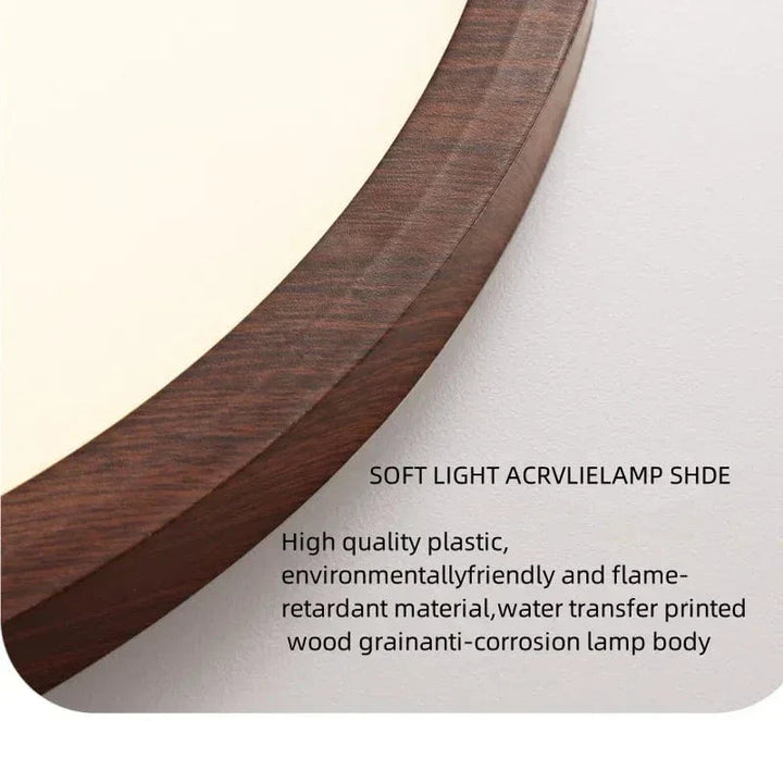 Log finish circular LED ceiling light, ultrathin and bright for modern home illumination.