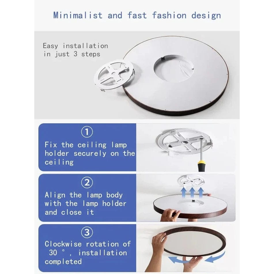Sleek circular LED ceiling light with walnut finish, perfect for modern interior lighting.