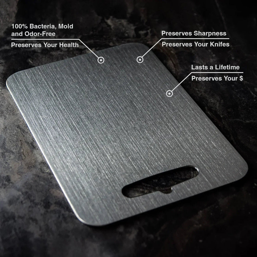 Professional-grade titanium cutting board, designed for chefs, durable & hygienic for heavy-duty kitchen food prep.