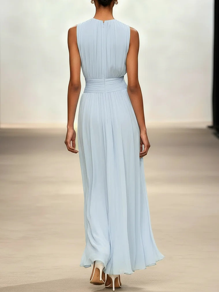 Elegant light blue formal A-line maxi dress with sleeveless design.