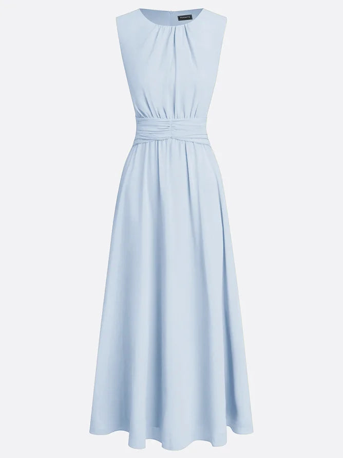 A-line wedding guest maxi dress in light blue chiffon, sleeveless style.