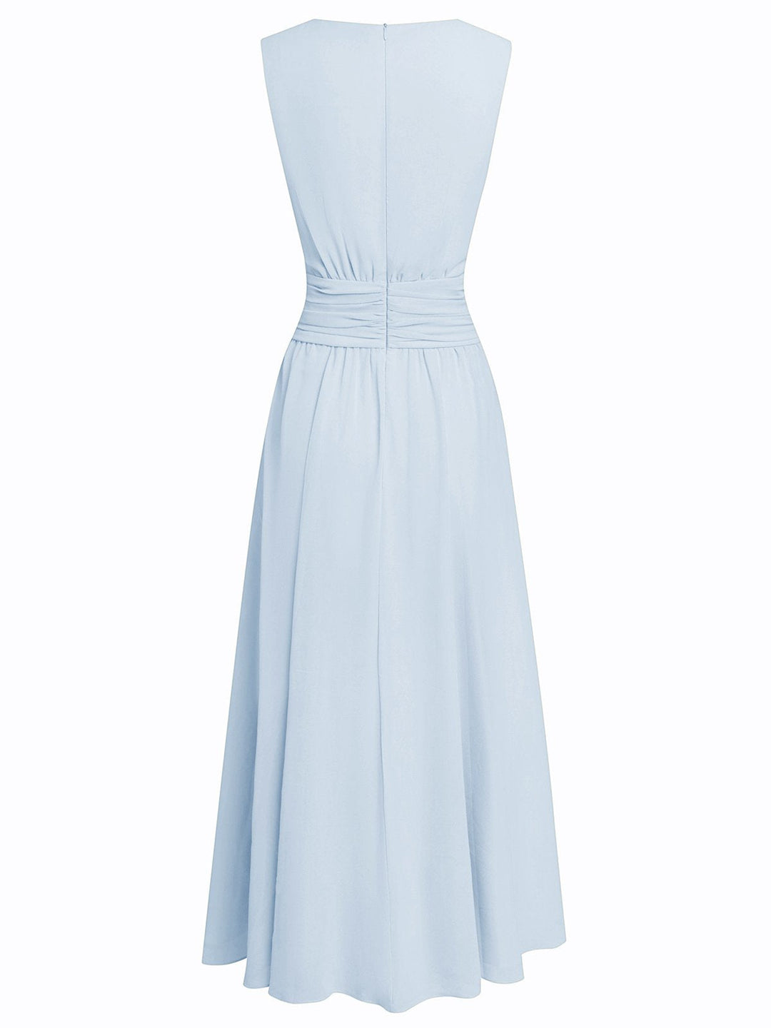 Formal evening gown: light blue sleeveless A-line chiffon maxi dress.