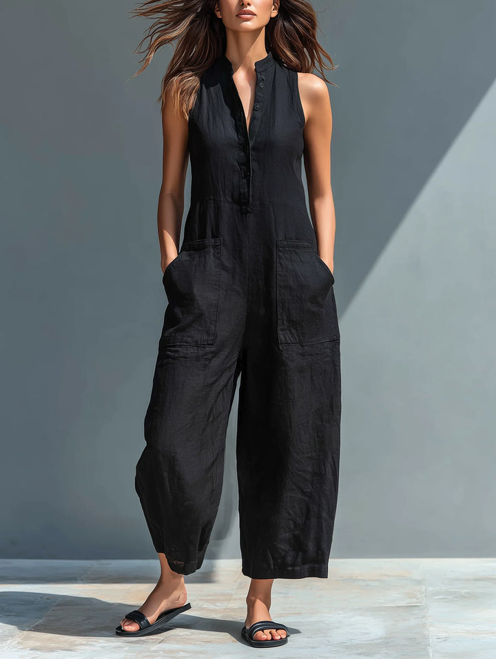 Sleeveless wide leg women's jumpsuit with button front, perfect for summer casual elegant style.